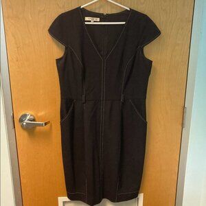 EVAN PICONE Sz 14 Cap Sleeves White Stitching Detail Pockets V-Neck Dress